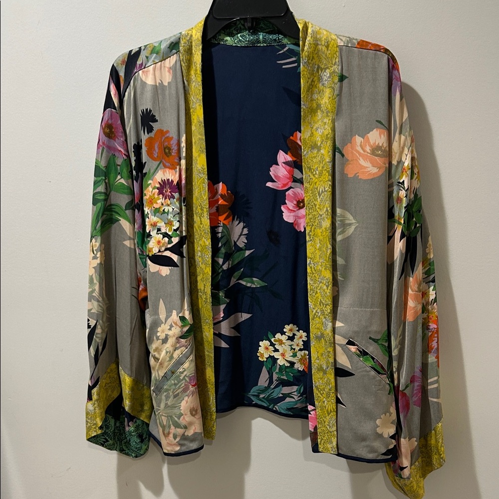 Johnny Was Blue Embroidered Kimono reversible. Shown both sides.